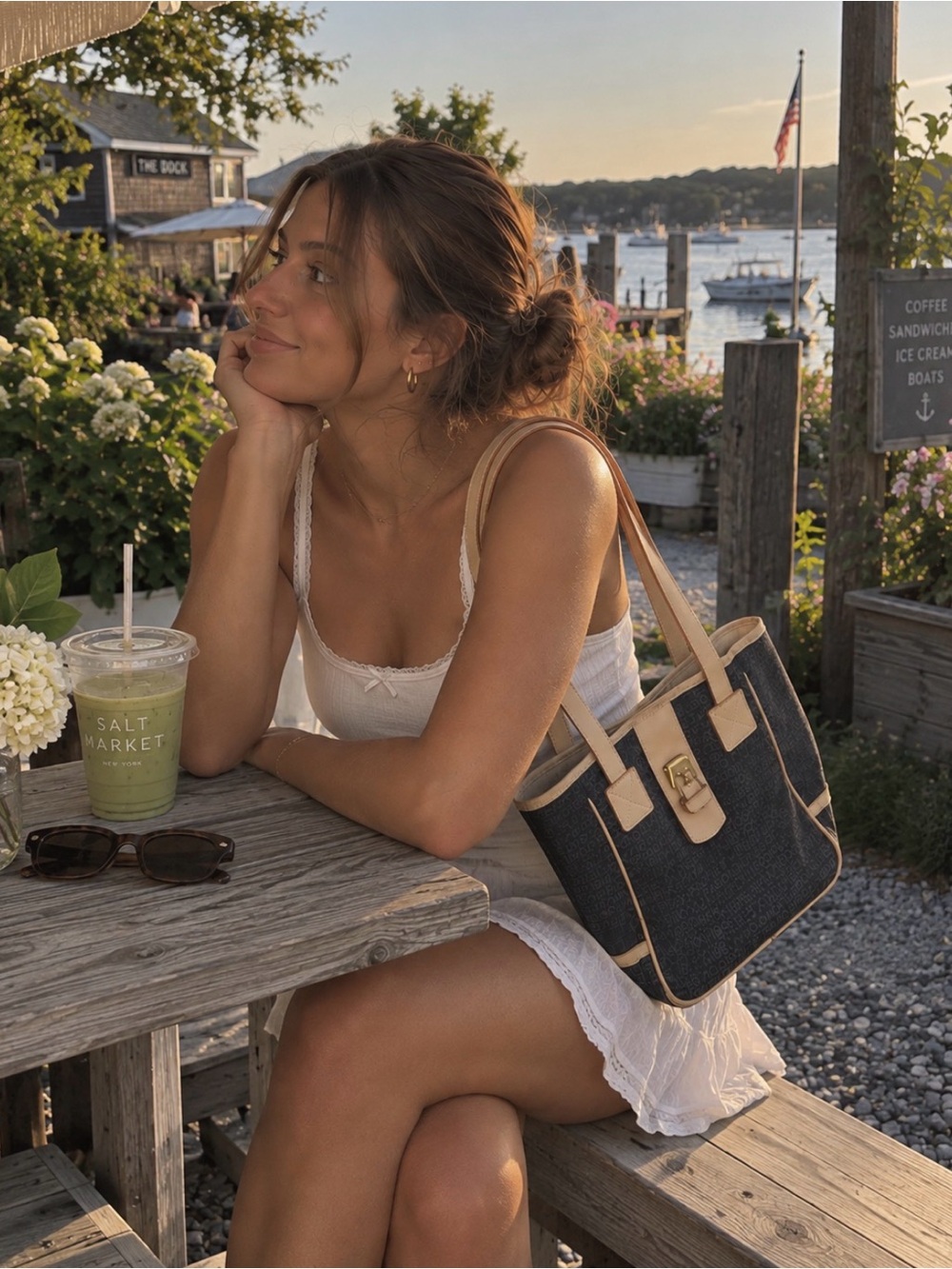 Vintage Dooney & Bourke Navy Canvas Shoulder Bag with Tan Leather Trim
